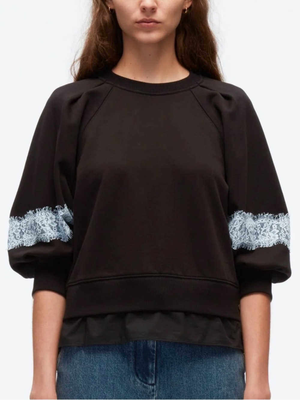 NWOT 3.1 Phillip Lim Lantern Sleeve Black Sweatshirt w/ Light Blue Lace Detail